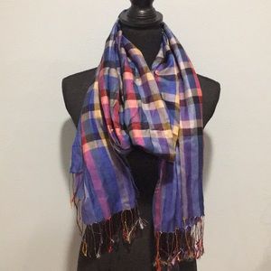 Versatile Multi-colored Plaid Scarf with Fringe